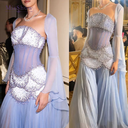Luxuriöses hellblaues Chiffon-Abendkleid mit Perlenmuster, Prinzessinnen-Geburtstagskleid für Damen AB1455