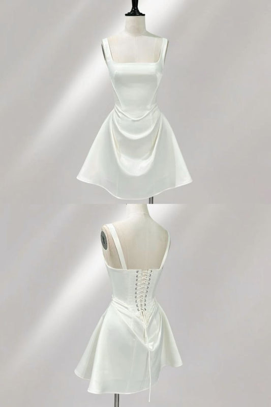 Cheap A Line Square Neck White Satin Short Cocktail Dress Homecoming Dresses Hoco Outfits RB4739
