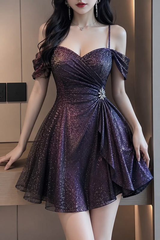 Sparkly A Line Spaghetti Strap Purple Homecoming Dresses Graduation Cocktail Graduation Outfit RB6769