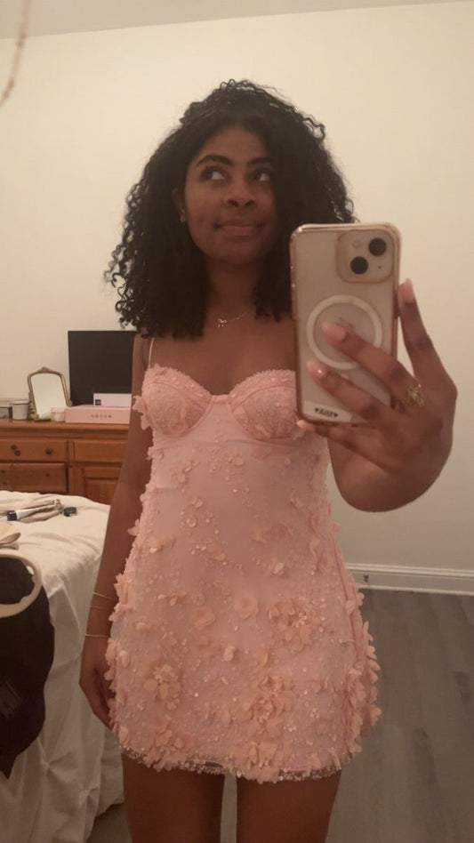 Unique Sheath Spaghetti Strap Pink Satin Short Mini Hoco & Homecoming Dress Inspo Graduation Dresses RB6521