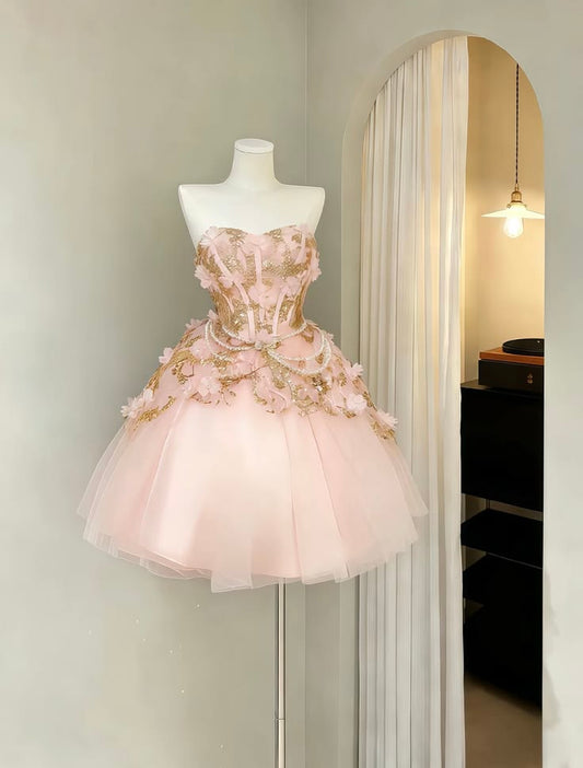 Cute Ball Gown Sweetheart Blush Pink Tulle Hoco & Homecoming Dress With Flowers Short Party Dresses RB6522
