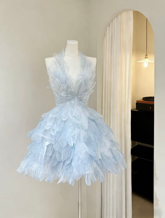 Beautiful Ball Gown Halter Light Sky Blue Short Homecoming Dress Inspo Ideas Mini Party Dresses RB6915