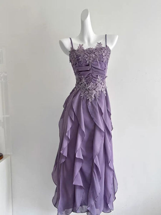 Bescheidenes A-Linie Spaghettiträger Trauben Chiffon Ärmelloses Langes Ballkleid für Frauen N4179
