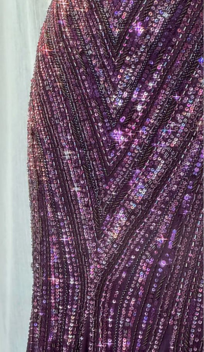 Robe de soirée longue sirène en mousseline violet foncé à sequins et col en V, style vintage, référence N875