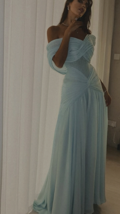 Robe de soirée personnalisée en mousseline bleu clair, coupe sirène sexy, décolleté cœur, épaules dénudées, style célébrité, robe d'invitée de mariage N897
