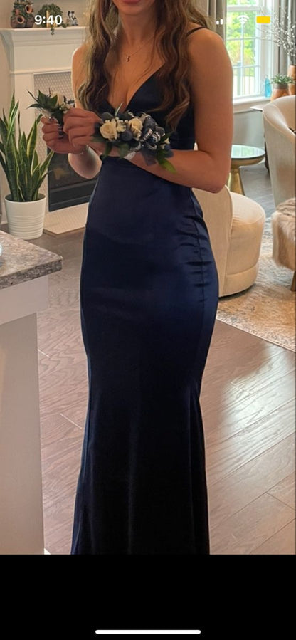 Robe de bal longue sirène sexy à bretelles spaghetti sans manches bleu marine en satin AB948