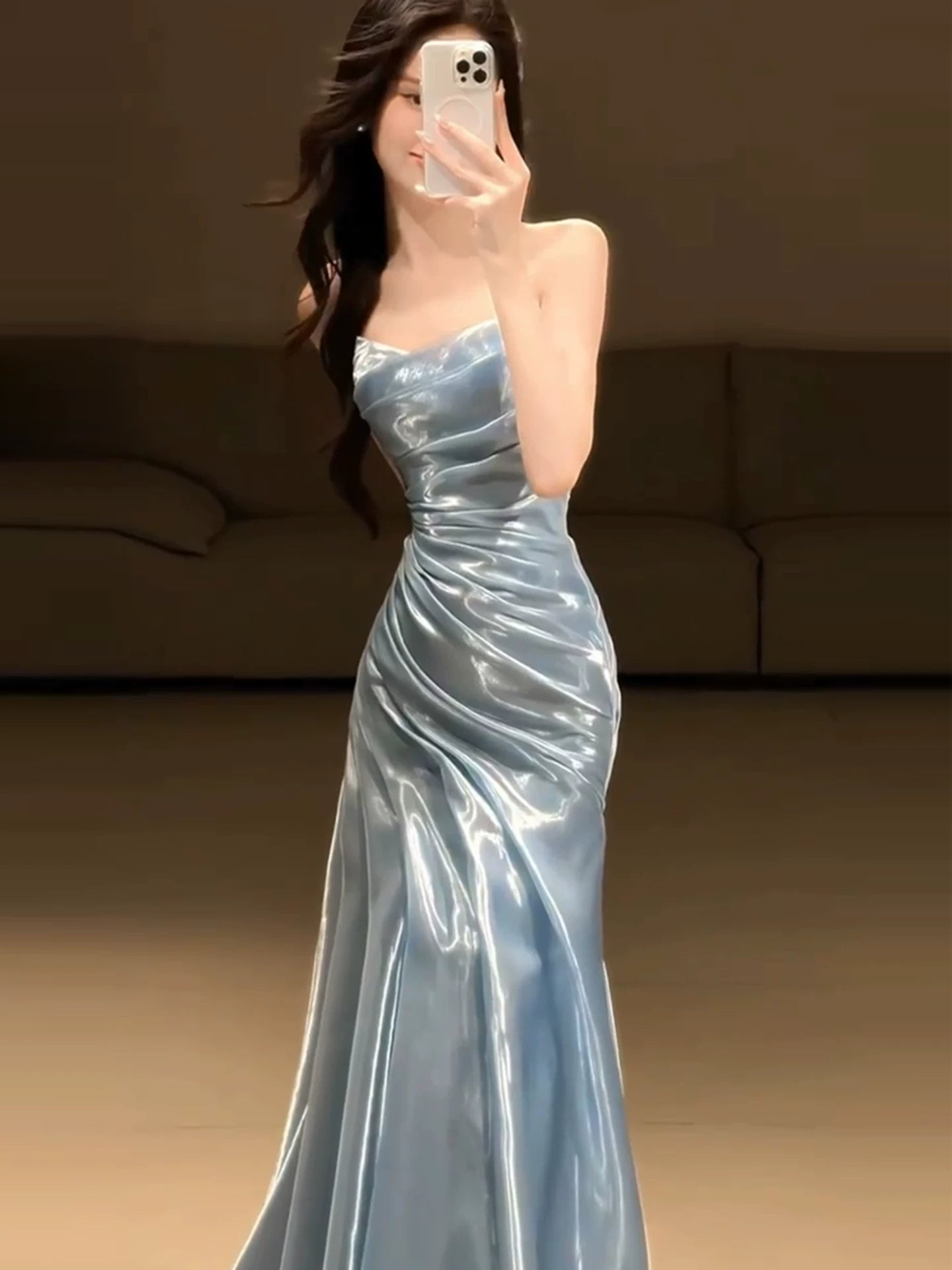 Light Blue Strapless Pleated Prom Dresses Evening Formal Gown Semi Formal Grad Long Prom Dress For Teens AB1993