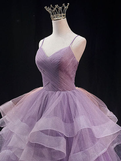 Robe de bal violette à bretelles spaghetti en tulle et sequins, longue robe de soirée formelle pour adolescentes N038