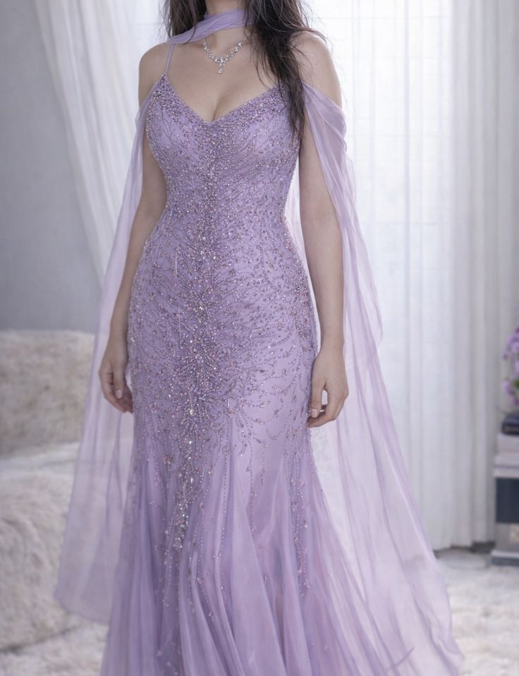 Superbes robes de bal sirène à bretelles spaghetti lilas avec écharpe, robe longue de soirée à paillettes N2480