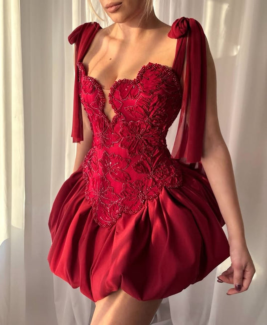 Cute Ball Gown Sweetheart Red Satin Hoco & Homecoming Dress With Flowers Short Party Dresses RB6523