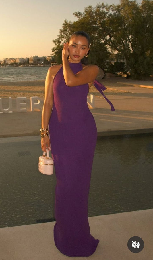 Sexy langes Meerjungfrauen-Abschlussballkleid aus lila Chiffon mit hohem Ausschnitt für Damen N4180