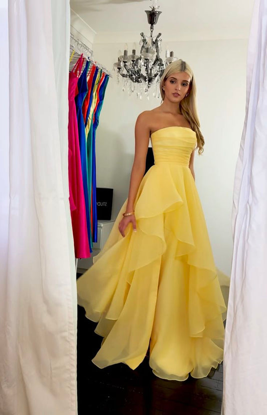 Modest Yellow Strapless A-Line Prom Dresses With Slit Prom Gown AB201