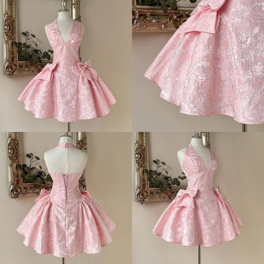 Sweety Ball Gown Halter Pink Satin Corset Fitted Mini Hoco & Homecoming Dress Ideas Senior High Schools Party Dresses RB6526