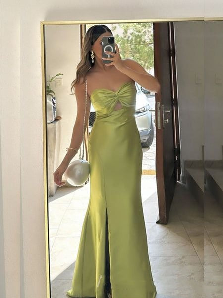 Robe de bal longue sirène en satin vert simple, robe de bal bustier AB1854
