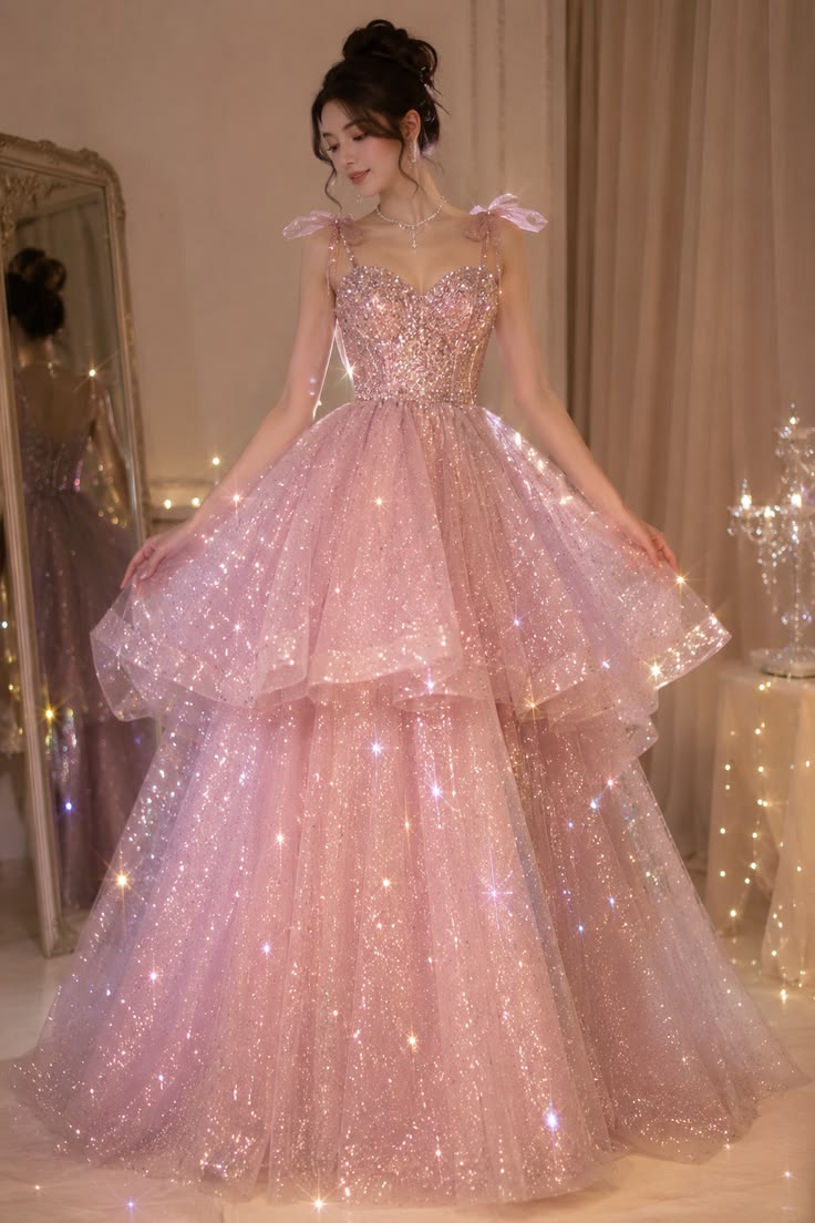 Classy Ball Gown Straps Sequin Pink Sleeveless Prom Dresses Long Evening Party Formal Outfits RB6548