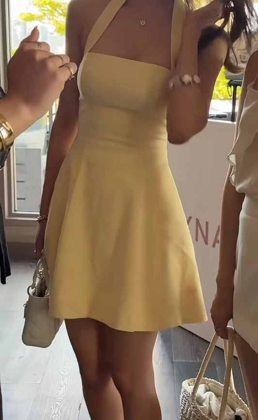Sweety A Line Halter Yellow Satin Mini Hoco & Homecoming Dress Ideas Senior High Schools Party Dresses RB6527