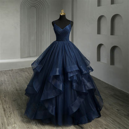Neue Boho-Kleider in Marineblau für Quinceañeras, Rüschen, V-Ausschnitt, Spaghettiträger, schlichte, sexy Partykleider, AB688