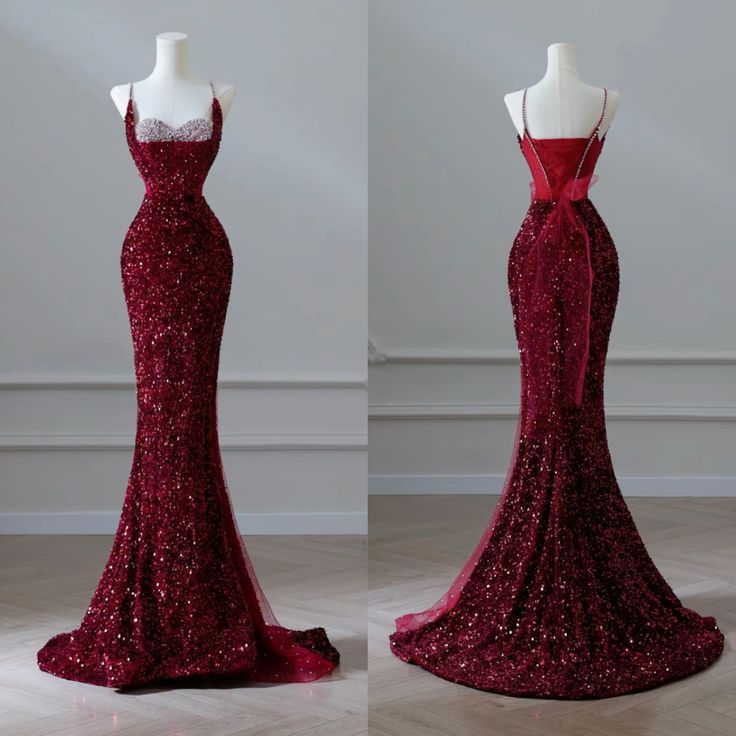 Robe de soirée sirène élégante à fines bretelles et sequins bordeaux pour femme, robe de bal longue et élégante, robe d'anniversaire pour les 18 ans AB1305