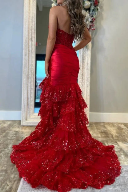 Modest Mermaid Sweetheart Red Slit Lace Prom Dresses Inspiration Prom Dress Graduation Dress RB1165