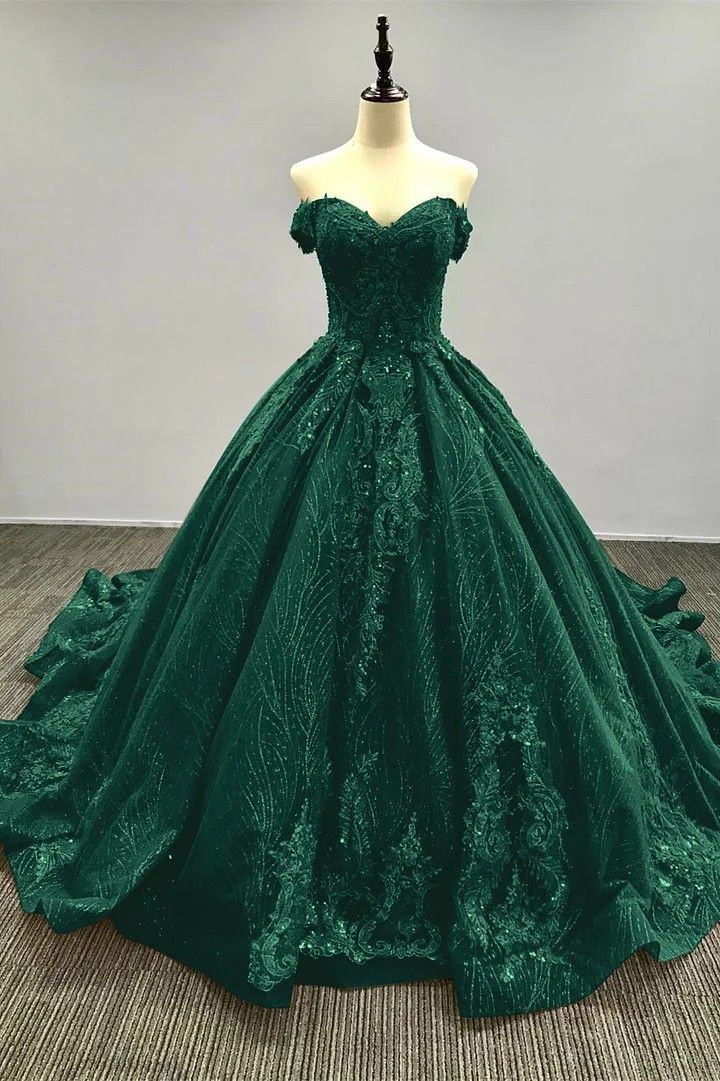 Robe de bal vert émeraude à épaules dénudées en dentelle, ornée d'appliques, idéale pour une quinceañera, un anniversaire de luxe ou une soirée Sweet 15/16 (AB1422)