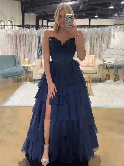 Classy Ball Gown Sweetheart Navy Blue Chiffon Prom Dresses Party Dress 20th Birthday Outfits Graduation Dress RB871