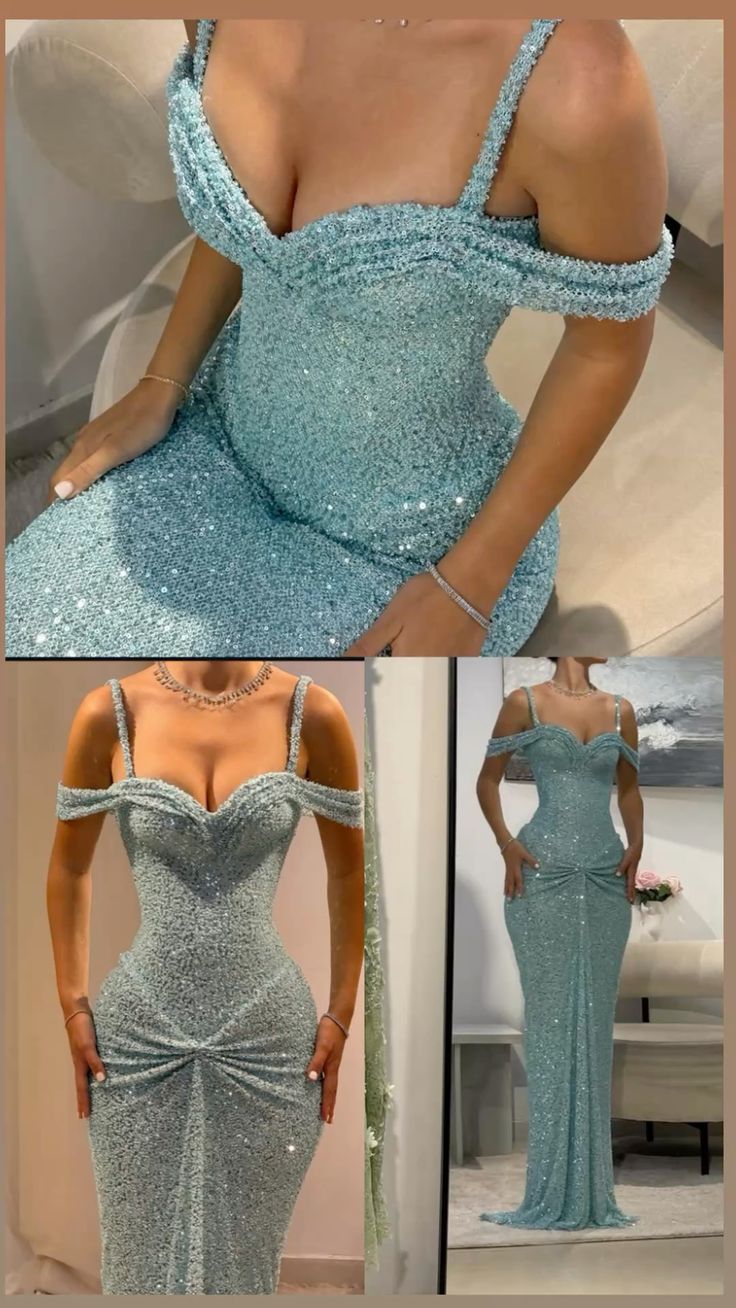 Glitzerndes Bodycon-Kleid mit blauen Trägern und Pailletten, langes Ballkleid, Meerjungfrauen-Bodycon für Damen N4114