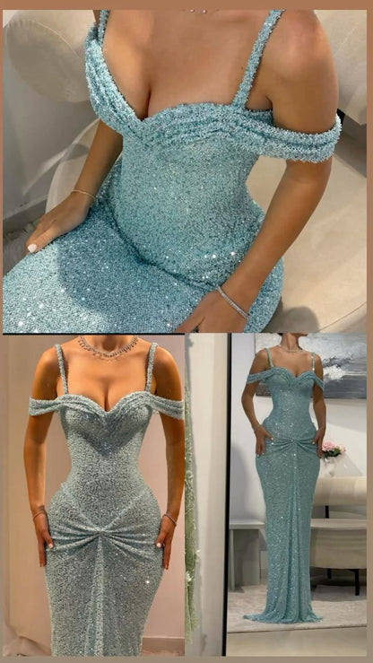 Glitzerndes Bodycon-Kleid mit blauen Trägern und Pailletten, langes Ballkleid, Meerjungfrauen-Bodycon für Damen N4114