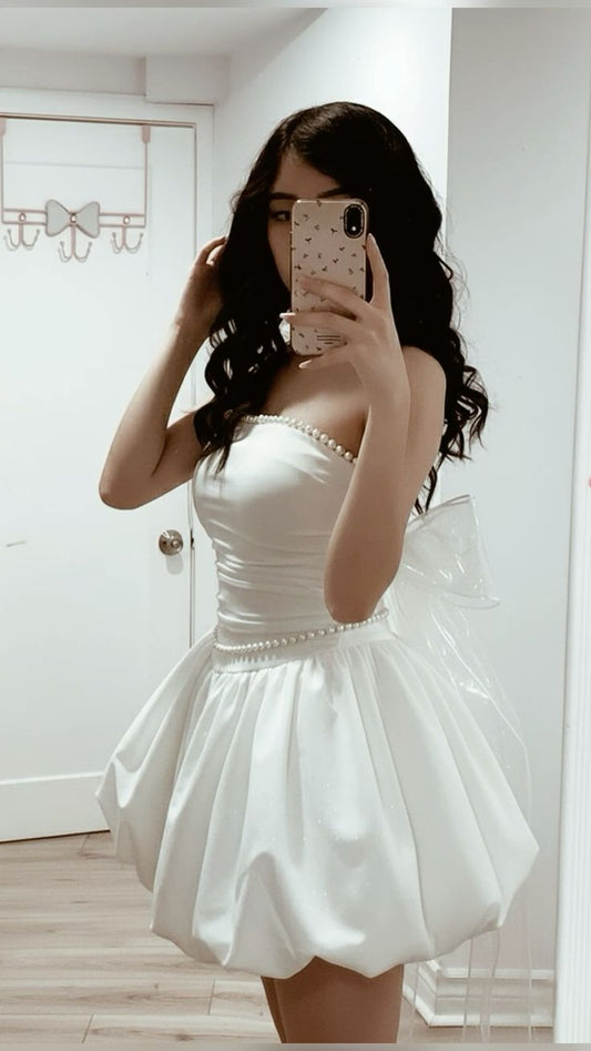 Modest Ball Gown Strapless White Satin With Pearls Short Brides Gown Bridal Dress Wedding Dresses RB6552