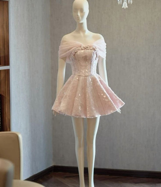 Unique Ball Gown Off The Shoulder Pink Sequin Short Mini Hoco & Homecoming Dress Inspo Graduation Dresses RB6529