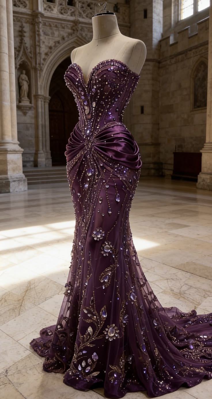 Modest Prom Dresses Mermaid Sweetheart Grape Tulle With Crystals Long Party Evening Formal Dress RC1208