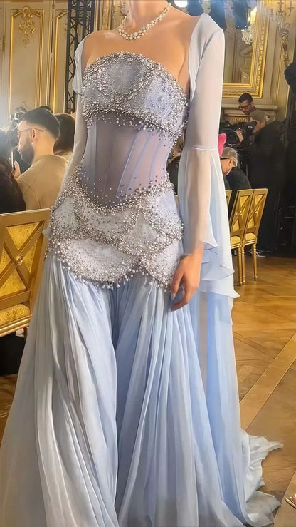 Luxuriöses hellblaues Chiffon-Abendkleid mit Perlenmuster, Prinzessinnen-Geburtstagskleid für Damen AB1455