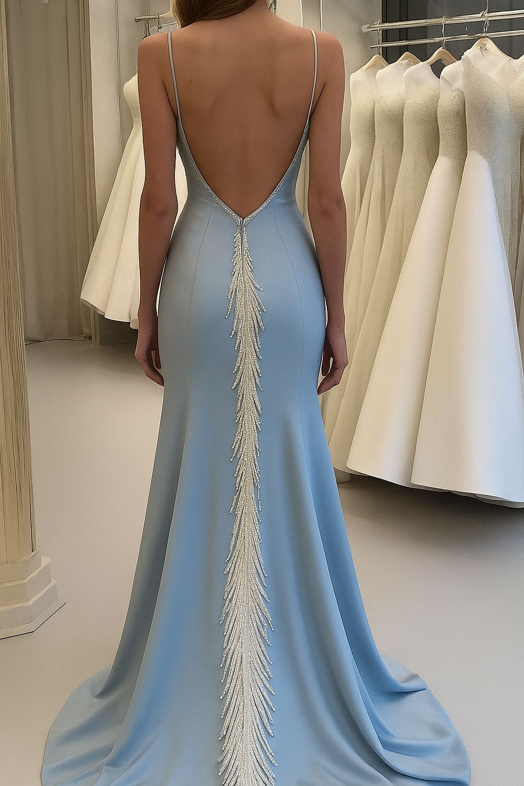 Robe de bal sirène/trompette à traîne courte, ornée de perles bleues, robe de soirée sirène élégante style célébrité pour femme AB1454