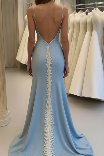 Robe de bal sirène/trompette à traîne courte, ornée de perles bleues, robe de soirée sirène élégante style célébrité pour femme AB1454