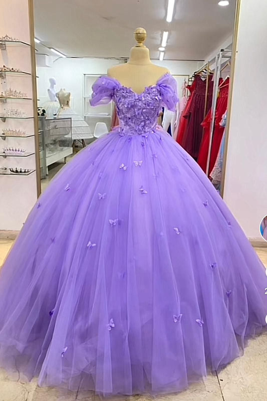 Sweet 16 Ballkleid schulterfrei fliederfarbener Tüll vestido de 15 Sweet Sixteen Kleid RB9521
