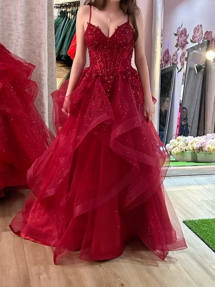 Tulle Prom Dress Sexy Ball Gown Spaghetti Straps Burgundy Long Party Evening Formal Gown RC1218