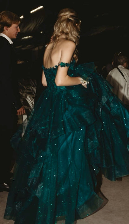 Sexy Ball Gown Spaghetti Straps Dark Green Tulle Long Prom Dresses Inspiration Trending Evening Gowns Formal Prom Dress B298