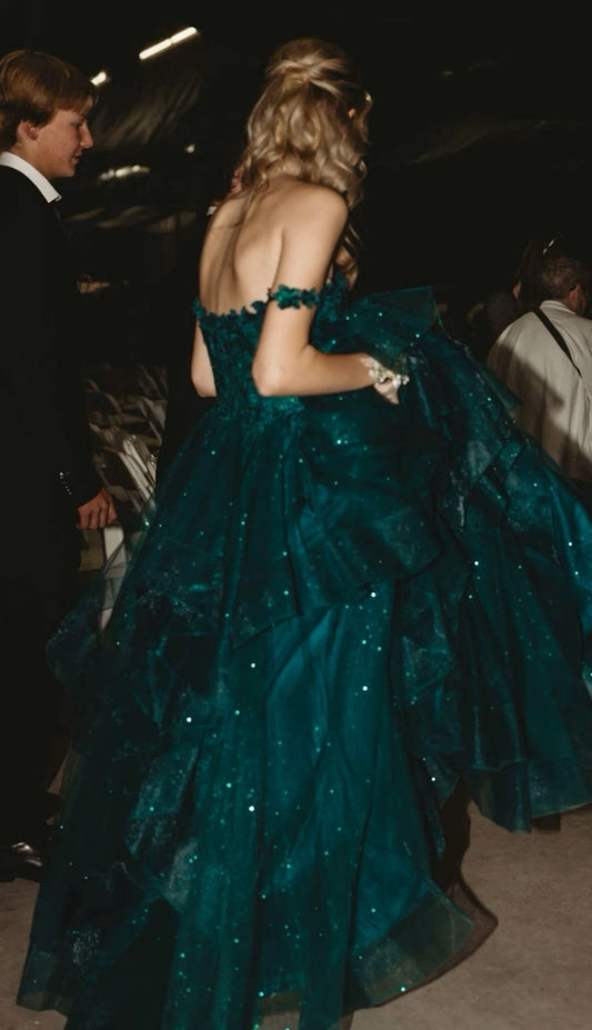 Sexy Ball Gown Spaghetti Straps Dark Green Tulle Long Prom Dresses Inspiration Trending Evening Gowns Formal Prom Dress B298