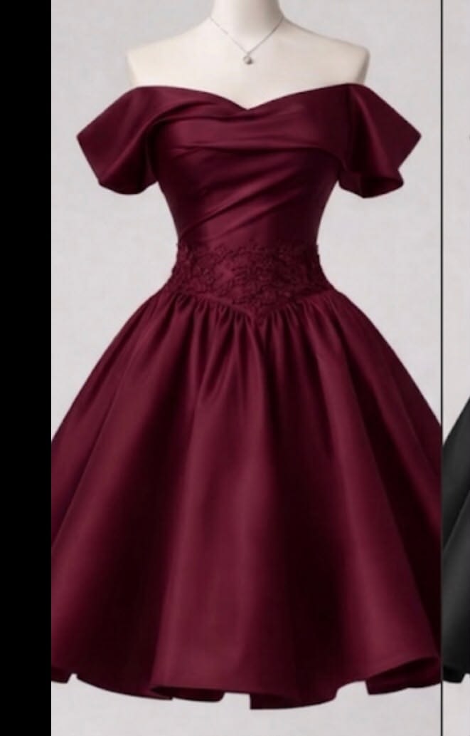 Unique Hoco Photo Ideas A Line Off The Shoulder Burgundy Satin Senior Year Homecoming Dresses Inspo Hoco Outfits RB8923