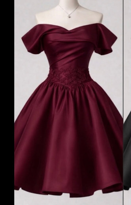 Unique Hoco Photo Ideas A Line Off The Shoulder Burgundy Satin Senior Year Homecoming Dresses Inspo Hoco Outfits RB8923