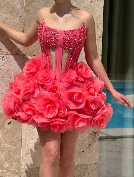 Ball Gown Strapless Pink Mini Dress with Crystal Embellishments Party Outfits RB6431