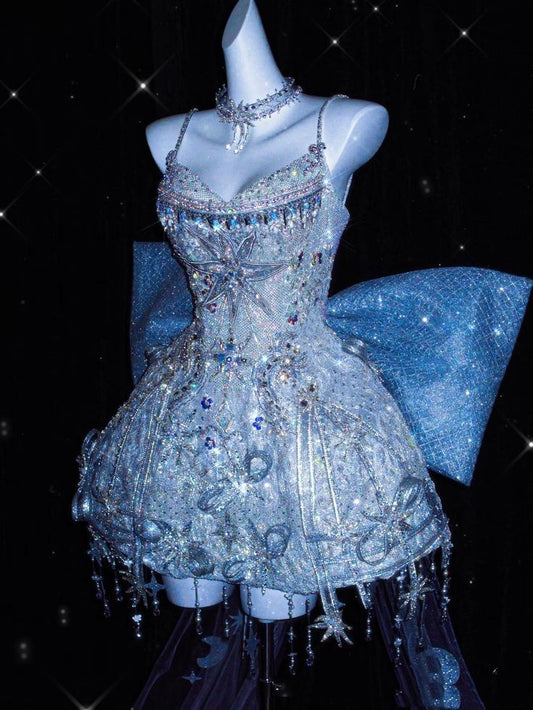 Sparkly Ball Gown Spaghetti Strap Blue Sequin Mini Hoco & Homecoming Dress Ideas Senior High Schools Party Dresses RB6534