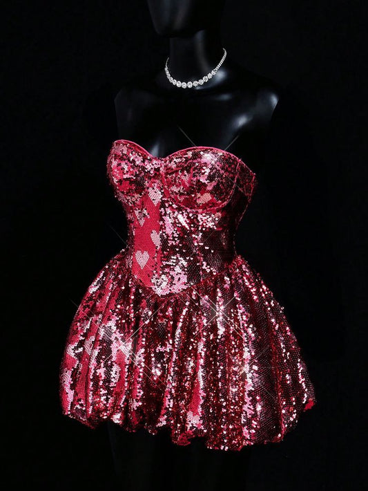 Sparkly Ball Gown Strapless Pink Sequined Short Party Outfit Birthday Dresses Cocktail Outfits RB6278