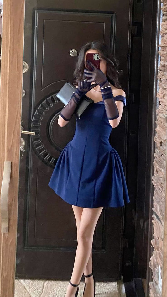 Simple Ball Gown Off The Shoulder Navy Blue Short Party Outfit Birthday Dresses Cocktail Outfits RB6279