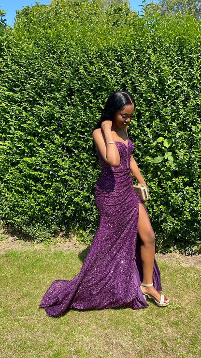 Sexy Mermaid Spaghetti Straps Grape Sequins With Slit Evening For Women Party Dresses Long Formal Prom Dresses 21st Birthday Gowns AB1434