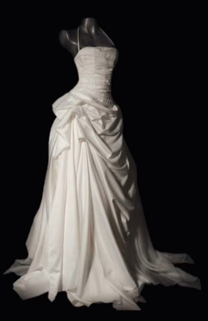 Romantic Women's Ball Gown Halter 80s With Ruched Pleated Satin Sweep Train Wedding Dresses AB1493