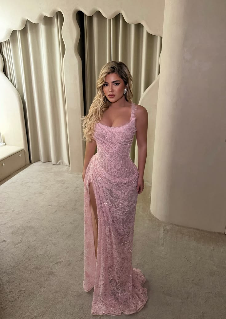 Modest Prom Dresses Mermaid Halter Pink Lace Long Party Evening Formal Gown RC1202