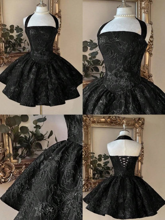 Sweety Ball Gown Halter Black Lace Mini Hoco & Homecoming Dress Ideas Senior High Schools Party Dresses RB6531