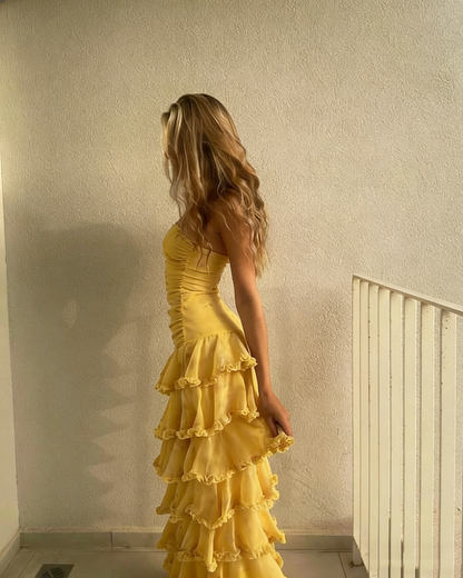 Elegantes, trägerloses, langes, gelbes Chiffon-Abendkleid, Partykleid, Outfit für den 20. Geburtstag, Abschlusskleid N1615