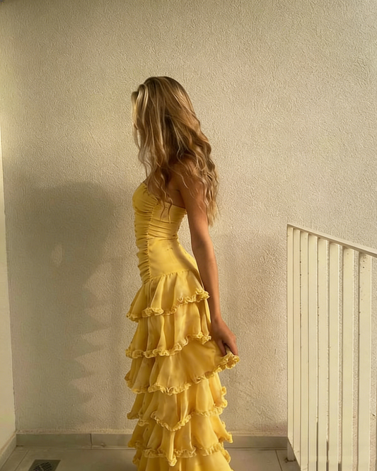 Modest Sheath Strapless Yellow Chiffon Long Prom Dresses Party Dress 20th Birthday Outfits Graduation Dress N1615