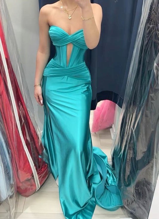 Elegantes Meerjungfrauen-Abendkleid für Damen, herzförmiges blaues Satin-Abendkleid, 18. Geburtstagskleid N1514